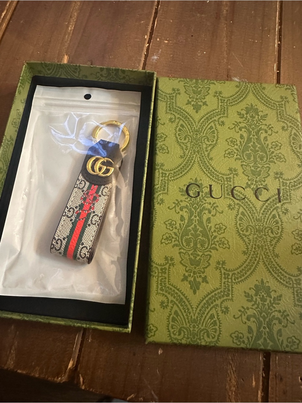 GG Web Stripe Keychain - Beige/Brown with Red & Green Stripe
